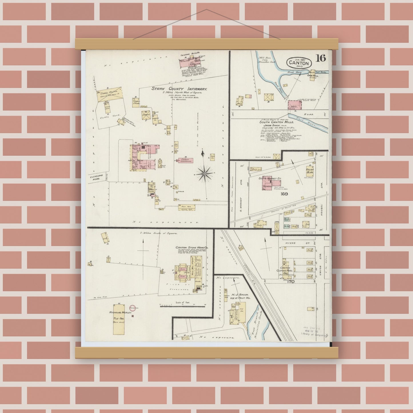 Old map wall art mockup — magnetic wood frame on brick wall — Sanborn Fire Insurance Map from Canton, Stark County, Ohio (1887), Sheet #0016