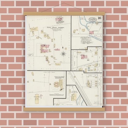 Old map wall art mockup — magnetic wood frame on brick wall — Sanborn Fire Insurance Map from Canton, Stark County, Ohio (1887), Sheet #0016