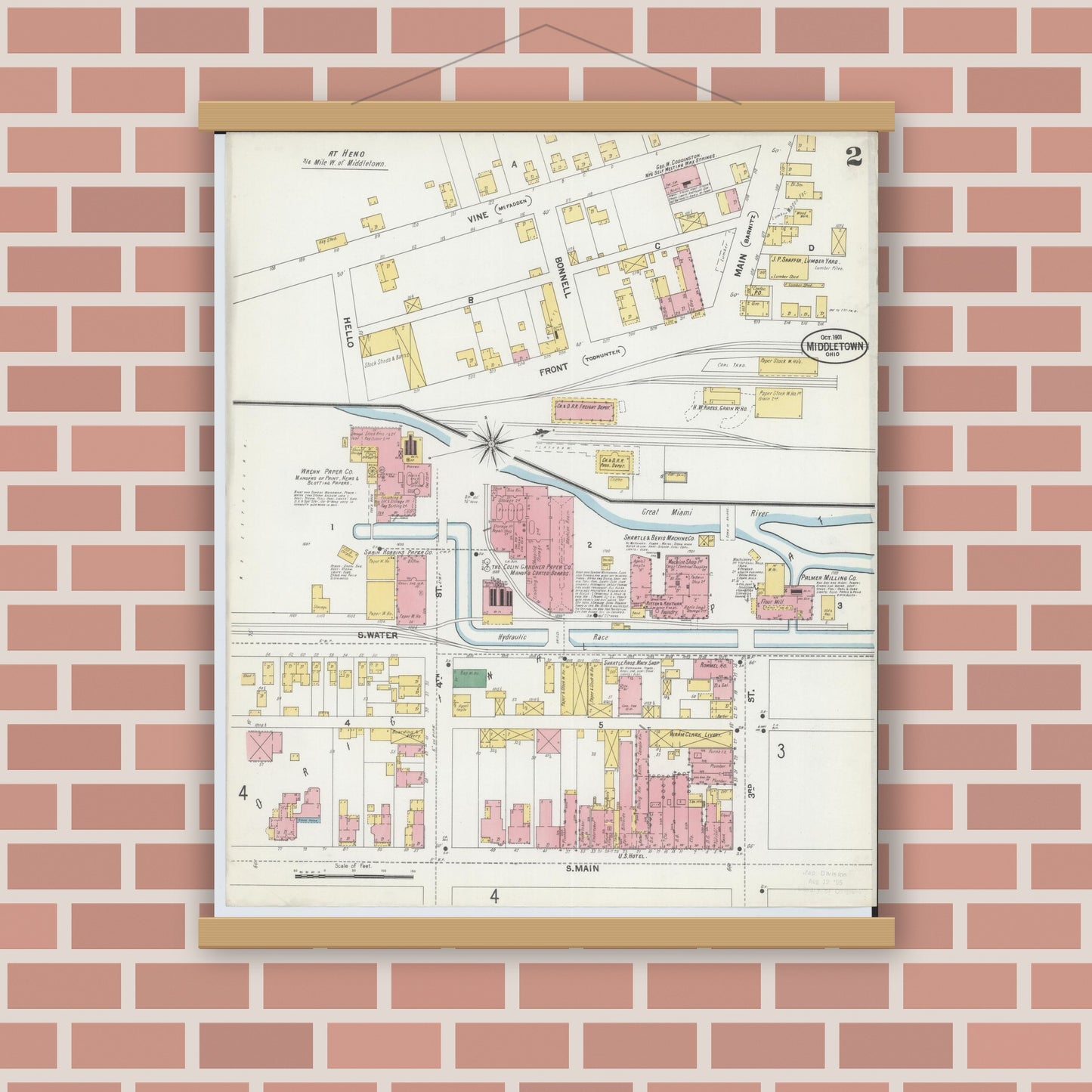 Old map wall art mockup — magnetic wood frame on brick wall — Sanborn Fire Insurance Map from Middletown, Butler County, Ohio (1901), Sheet #0002