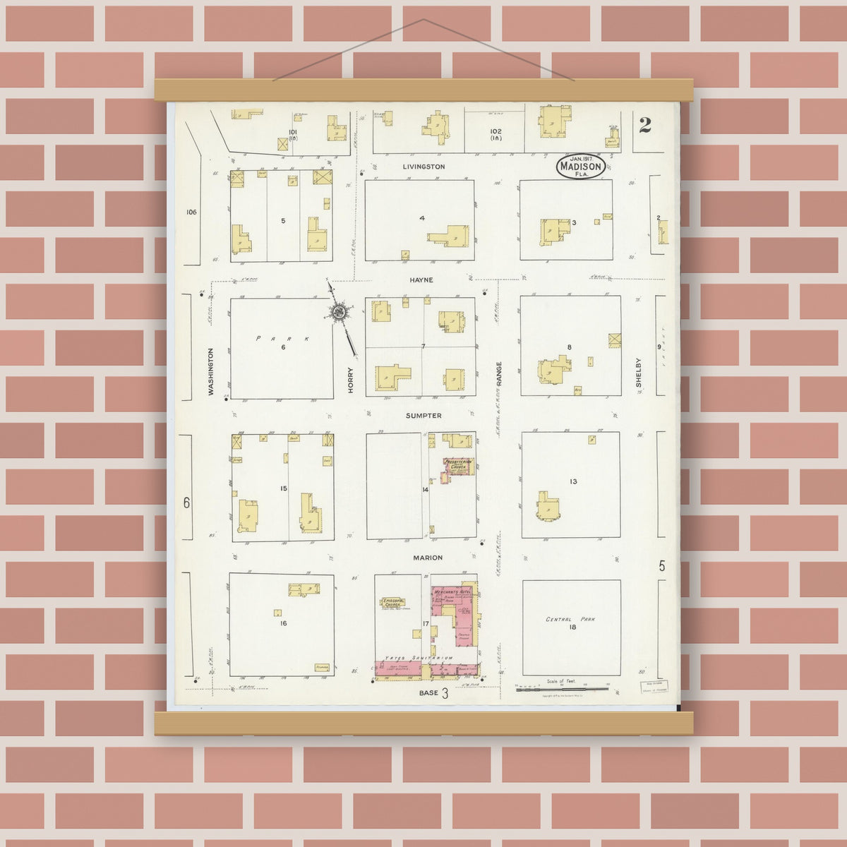 Old map wall art mockup — magnetic wood frame on brick wall — Sanborn Fire Insurance Map from Madison, Madison County, Florida (1917), Sheet #0002