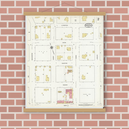 Old map wall art mockup — magnetic wood frame on brick wall — Sanborn Fire Insurance Map from Madison, Madison County, Florida (1917), Sheet #0002