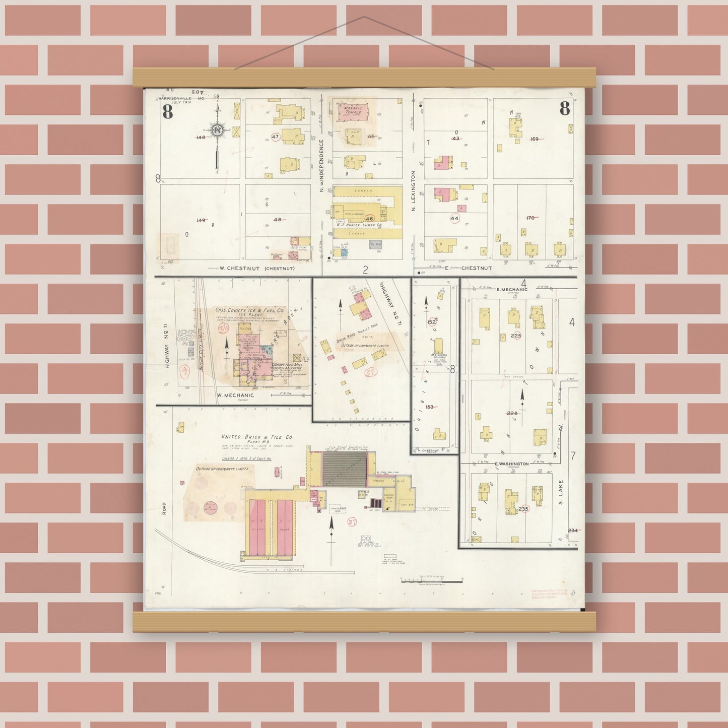 Old map wall art mockup — magnetic wood frame on brick wall — Sanborn Fire Insurance Map from Harrisonville, Cass County, Missouri (1939), Sheet #0008