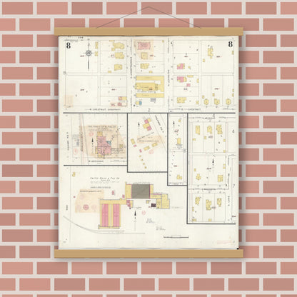 Old map wall art mockup — magnetic wood frame on brick wall — Sanborn Fire Insurance Map from Harrisonville, Cass County, Missouri (1939), Sheet #0008