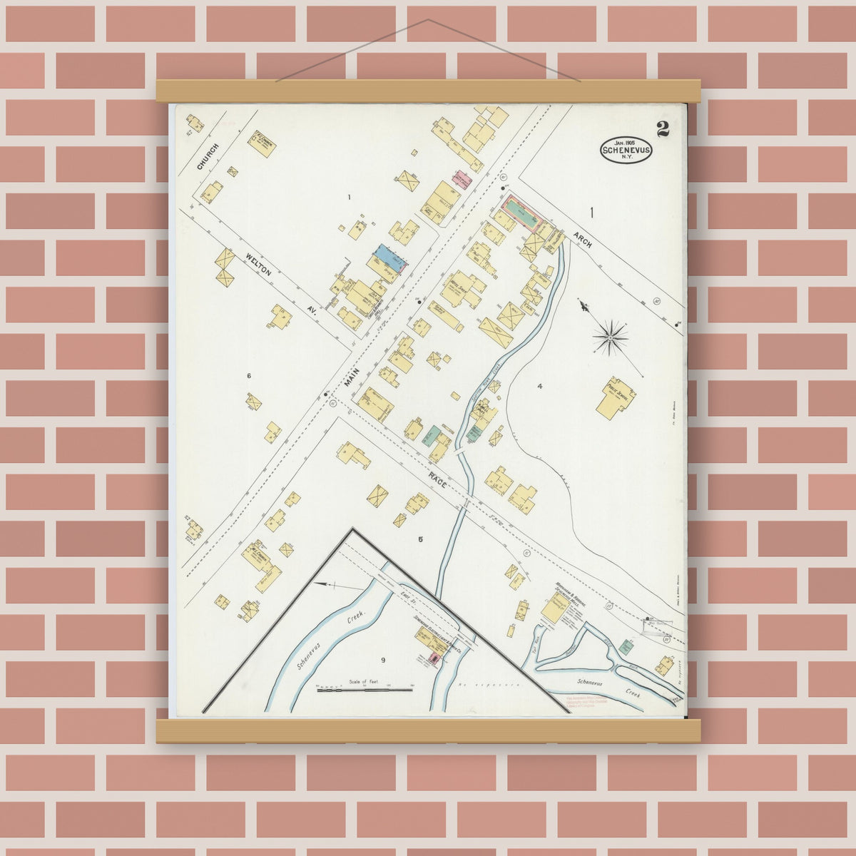 Old map wall art mockup — magnetic wood frame on brick wall — Sanborn Fire Insurance Map from Schenevus, Otsego County, New York (1905), Sheet #0002