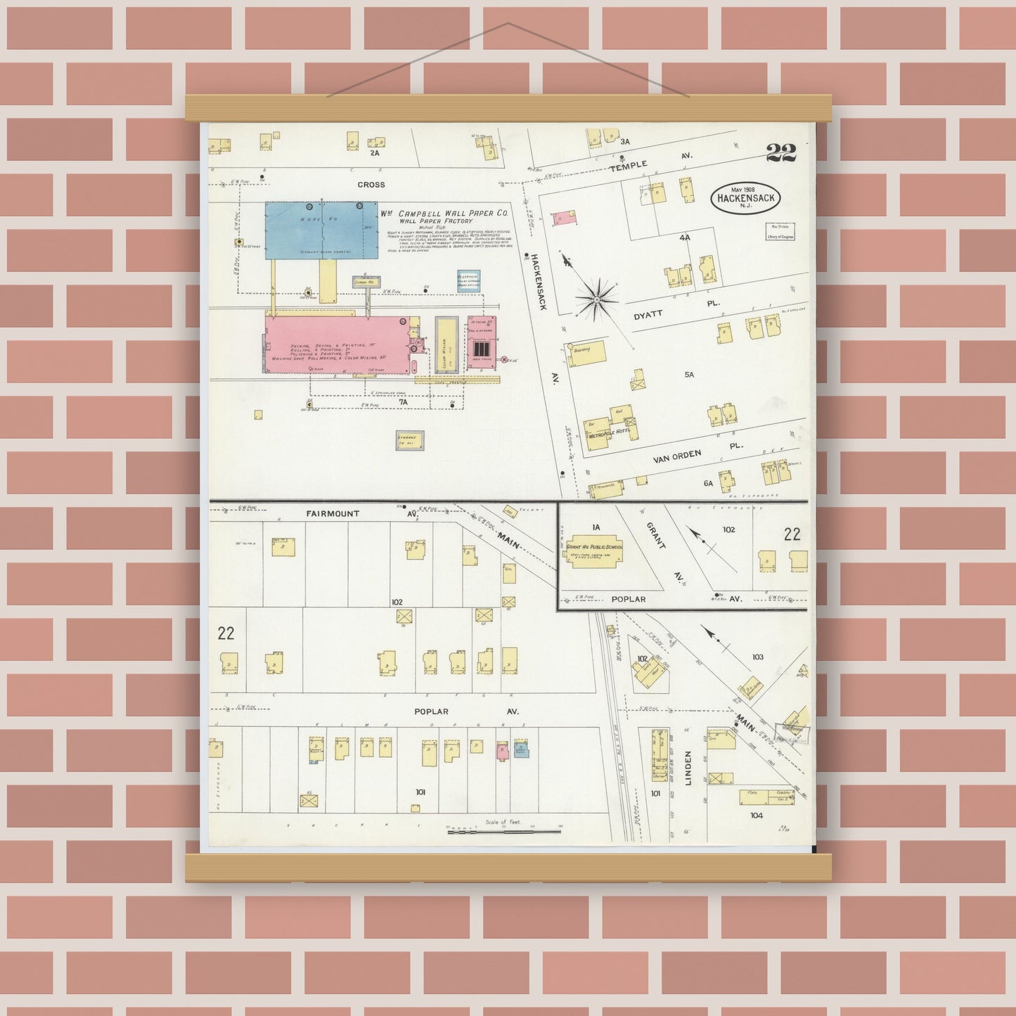 Old map wall art mockup — magnetic wood frame on brick wall — Sanborn Fire Insurance Map from Hackensack, Bergen County, New Jersey (1908), Sheet #0022