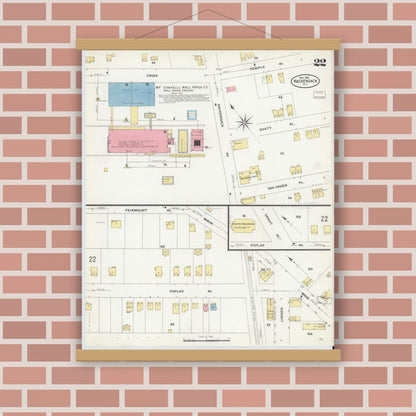 Old map wall art mockup — magnetic wood frame on brick wall — Sanborn Fire Insurance Map from Hackensack, Bergen County, New Jersey (1908), Sheet #0022