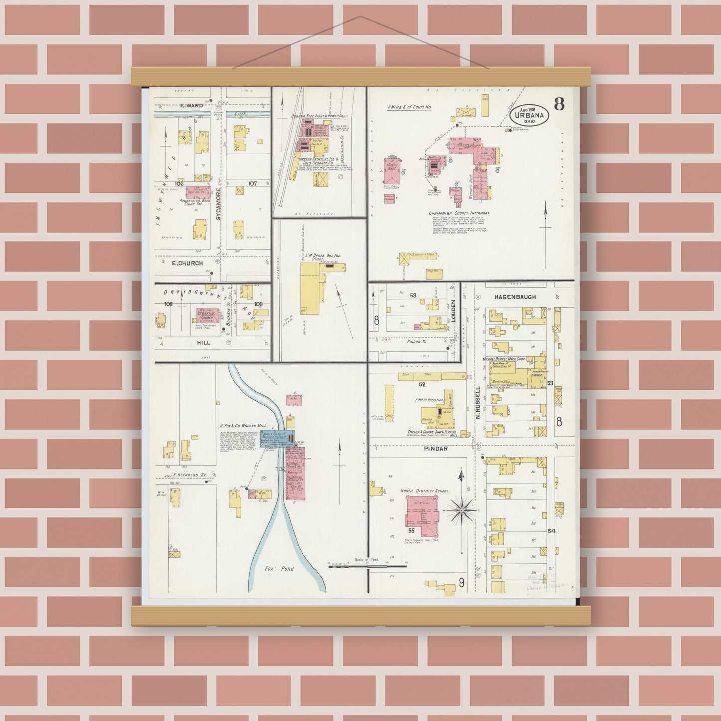 Old map wall art mockup — magnetic wood frame on brick wall — Sanborn Fire Insurance Map from Urbana, Champaign County, Ohio (1901), Sheet #0008