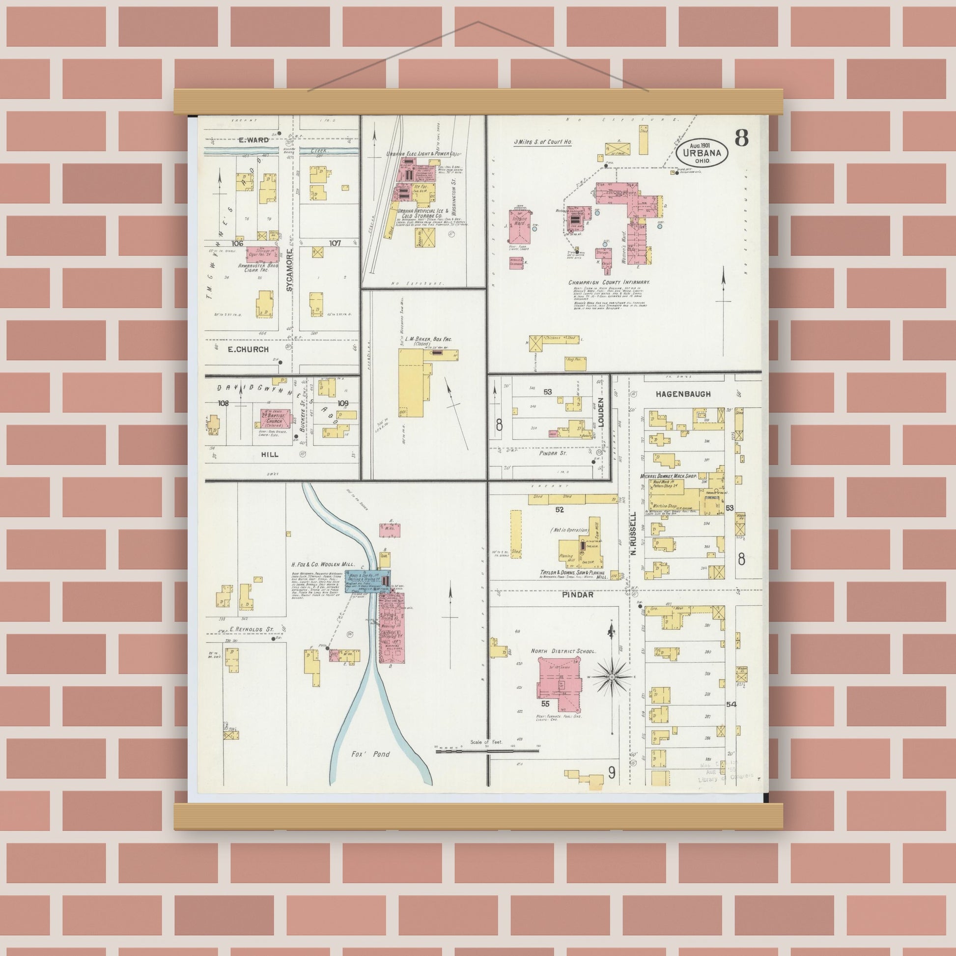 Old map wall art mockup — magnetic wood frame on brick wall — Sanborn Fire Insurance Map from Urbana, Champaign County, Ohio (1901), Sheet #0008