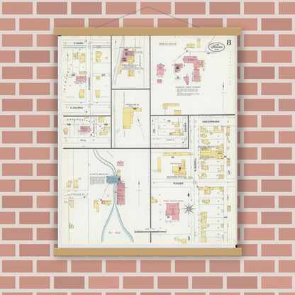 Old map wall art mockup — magnetic wood frame on brick wall — Sanborn Fire Insurance Map from Urbana, Champaign County, Ohio (1901), Sheet #0008
