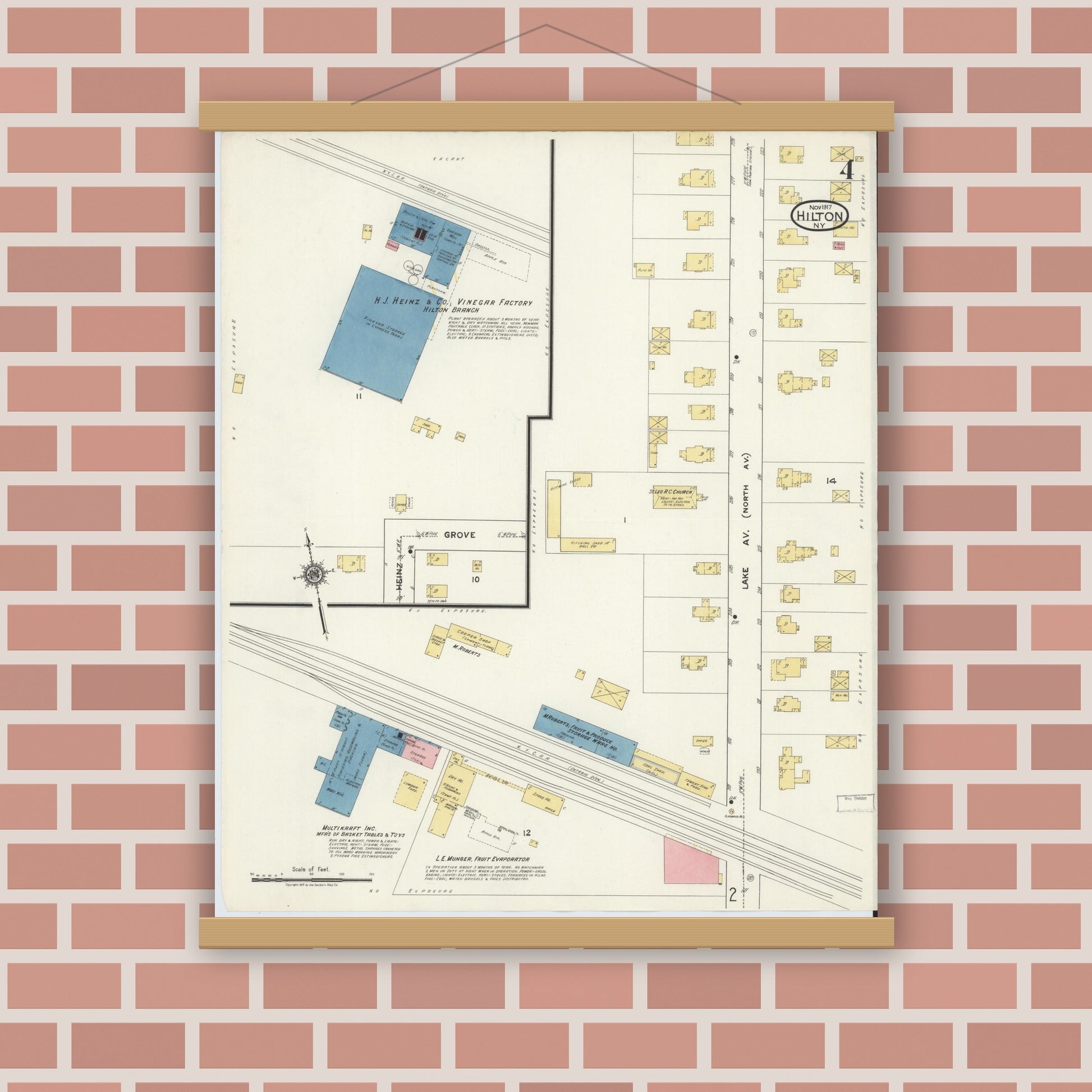 Old map wall art mockup — magnetic wood frame on brick wall — Sanborn Fire Insurance Map from Hilton, Monroe County, New York (1917), Sheet #0004