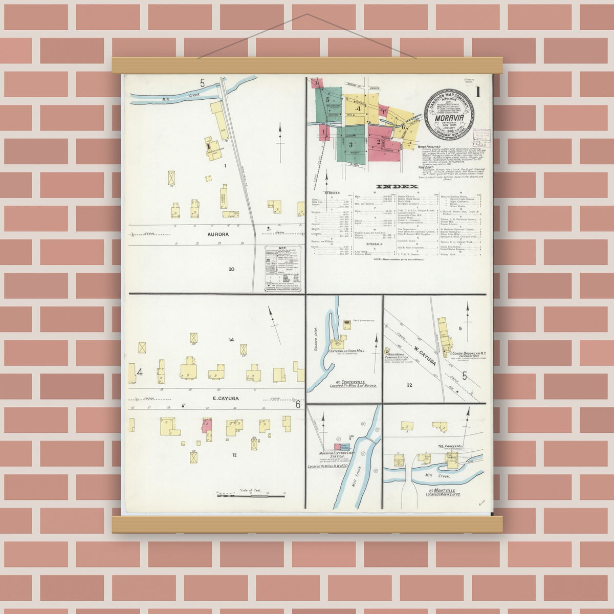 Old map wall art mockup — magnetic wood frame on brick wall — Sanborn Fire Insurance Map from Moravia, Cayuga County, New York (1908) - Complete Map Set