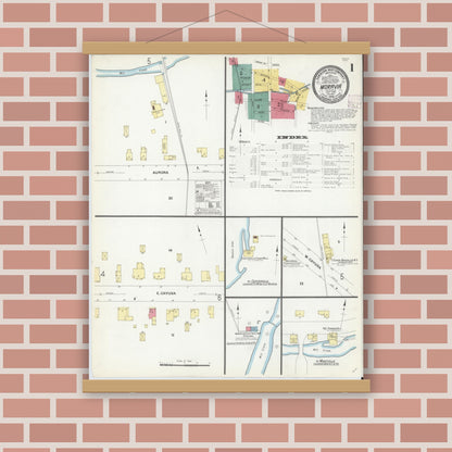 Old map wall art mockup — magnetic wood frame on brick wall — Sanborn Fire Insurance Map from Moravia, Cayuga County, New York (1908) - Complete Map Set