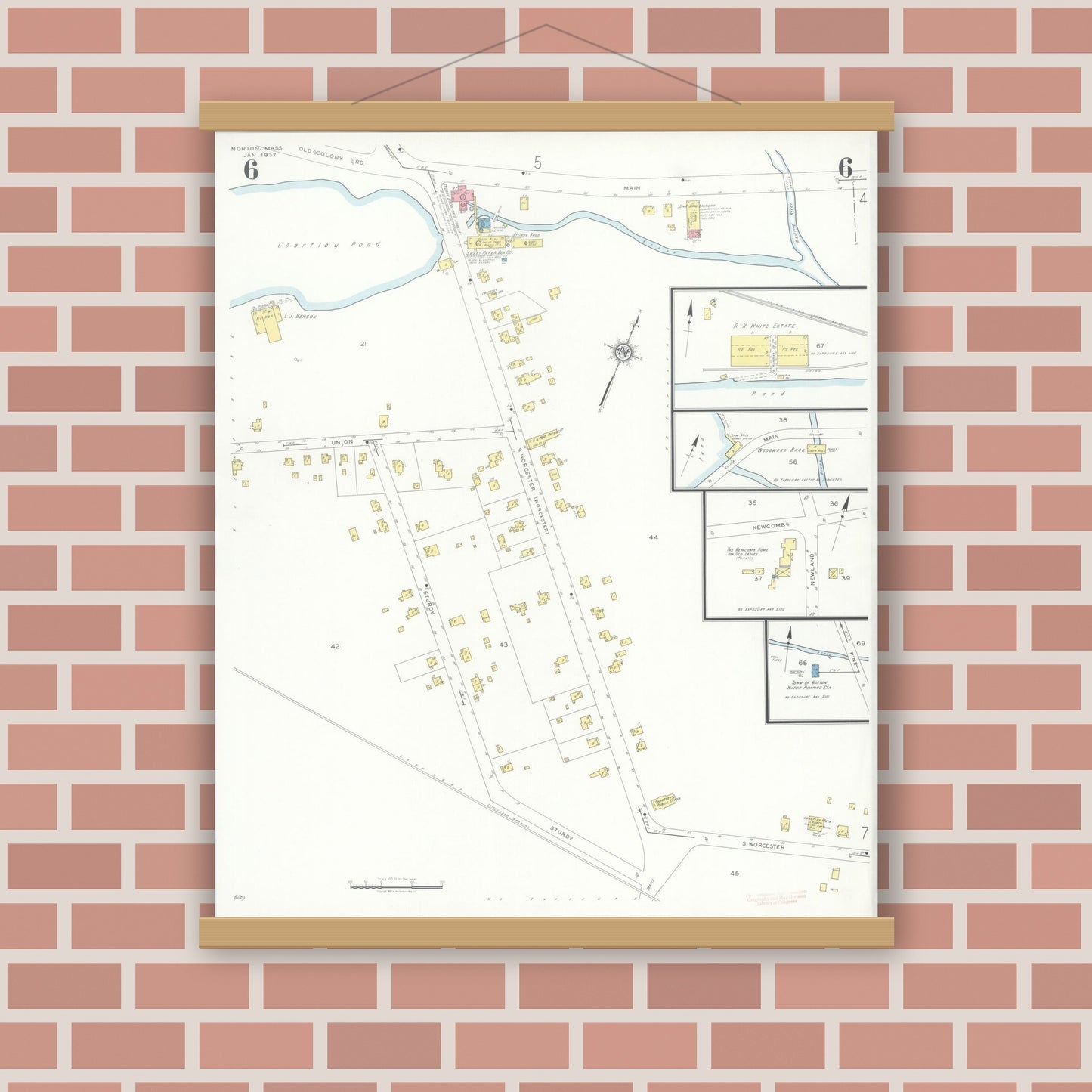 Old map wall art mockup — magnetic wood frame on brick wall — Sanborn Fire Insurance Map from Norton, Bristol County, Massachusetts (1937), Sheet #0006