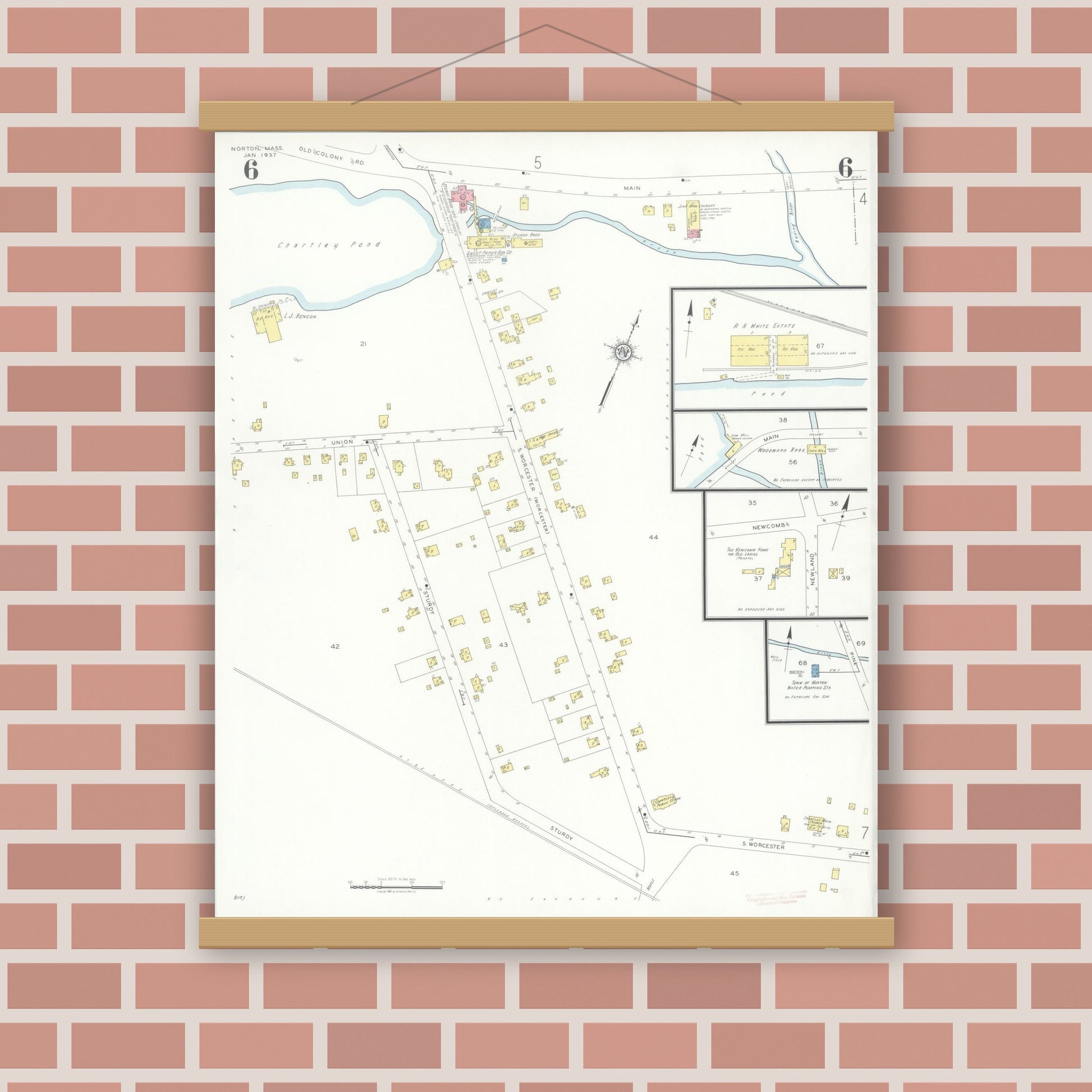 Old map wall art mockup — magnetic wood frame on brick wall — Sanborn Fire Insurance Map from Norton, Bristol County, Massachusetts (1937), Sheet #0006