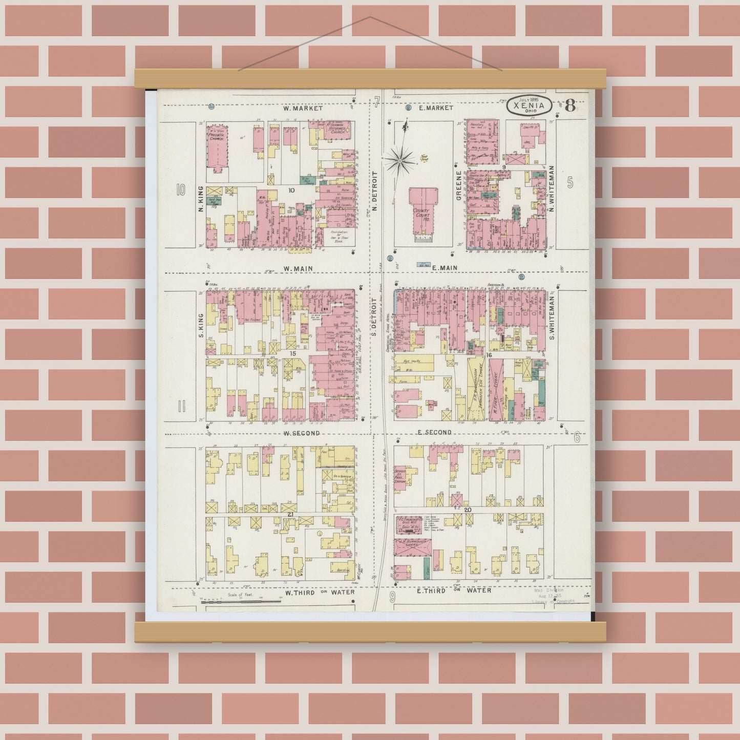 Old map wall art mockup — magnetic wood frame on brick wall — Sanborn Fire Insurance Map from Xenia, Greene County, Ohio (1895), Sheet #0008