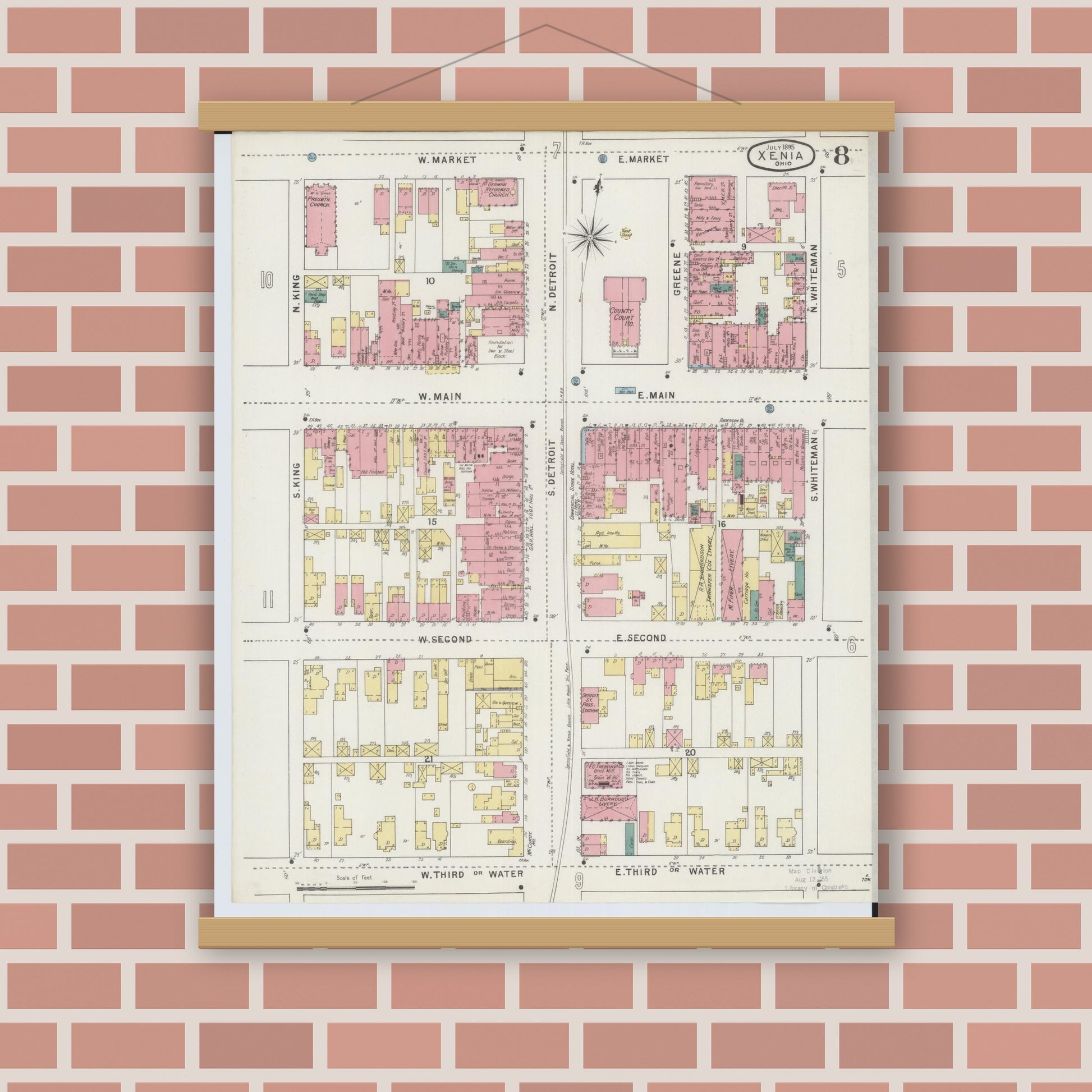 Old map wall art mockup — magnetic wood frame on brick wall — Sanborn Fire Insurance Map from Xenia, Greene County, Ohio (1895), Sheet #0008
