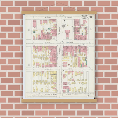 Old map wall art mockup — magnetic wood frame on brick wall — Sanborn Fire Insurance Map from Xenia, Greene County, Ohio (1895), Sheet #0008