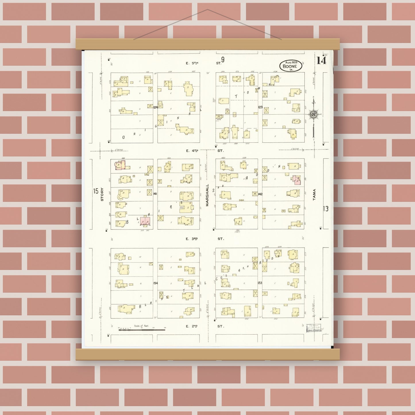 Old map wall art mockup — magnetic wood frame on brick wall — Sanborn Fire Insurance Map from Boone, Boone County, Iowa (1909), Sheet #0014