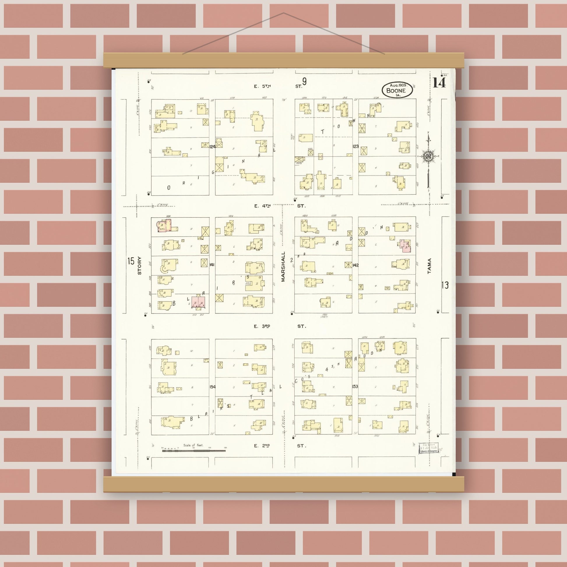 Old map wall art mockup — magnetic wood frame on brick wall — Sanborn Fire Insurance Map from Boone, Boone County, Iowa (1909), Sheet #0014