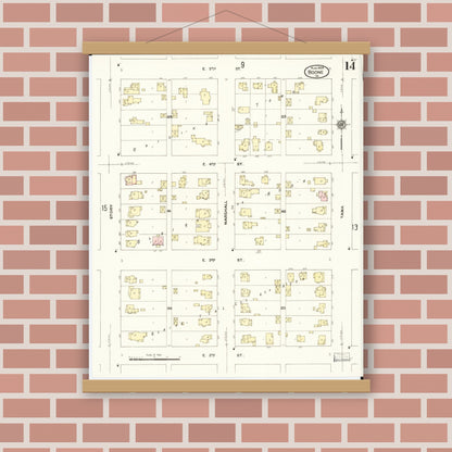 Old map wall art mockup — magnetic wood frame on brick wall — Sanborn Fire Insurance Map from Boone, Boone County, Iowa (1909), Sheet #0014