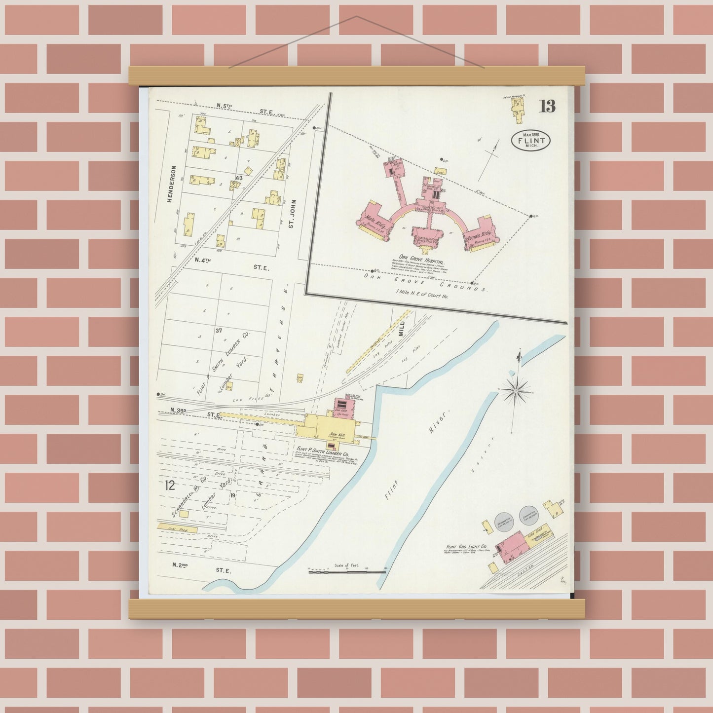 Old map wall art mockup — magnetic wood frame on brick wall — Sanborn Fire Insurance Map from Flint, Genesee County, Michigan (1898), Sheet #0013
