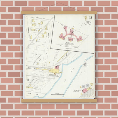 Old map wall art mockup — magnetic wood frame on brick wall — Sanborn Fire Insurance Map from Flint, Genesee County, Michigan (1898), Sheet #0013