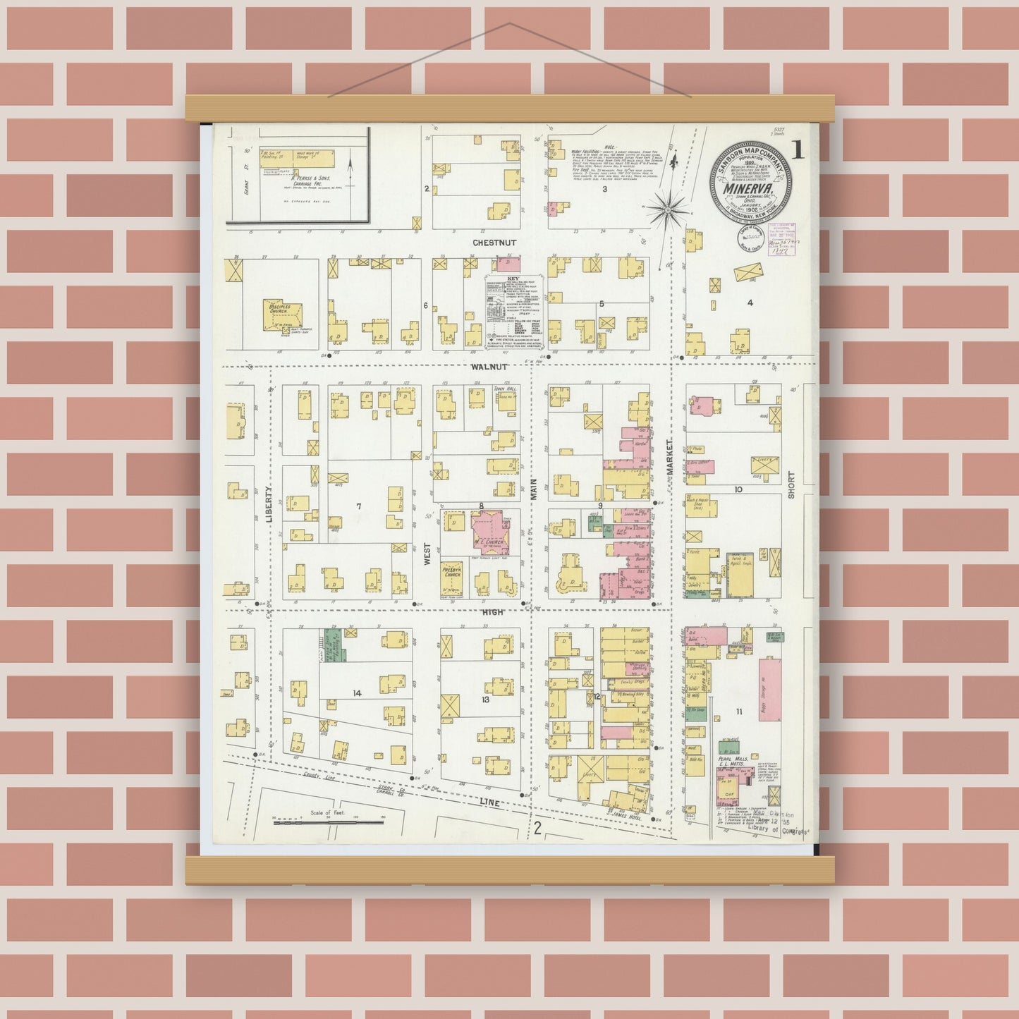 Old map wall art mockup — magnetic wood frame on brick wall — Sanborn Fire Insurance Map from Minerva, Stark And Carroll Counties, Ohio (1902), Sheet #0001