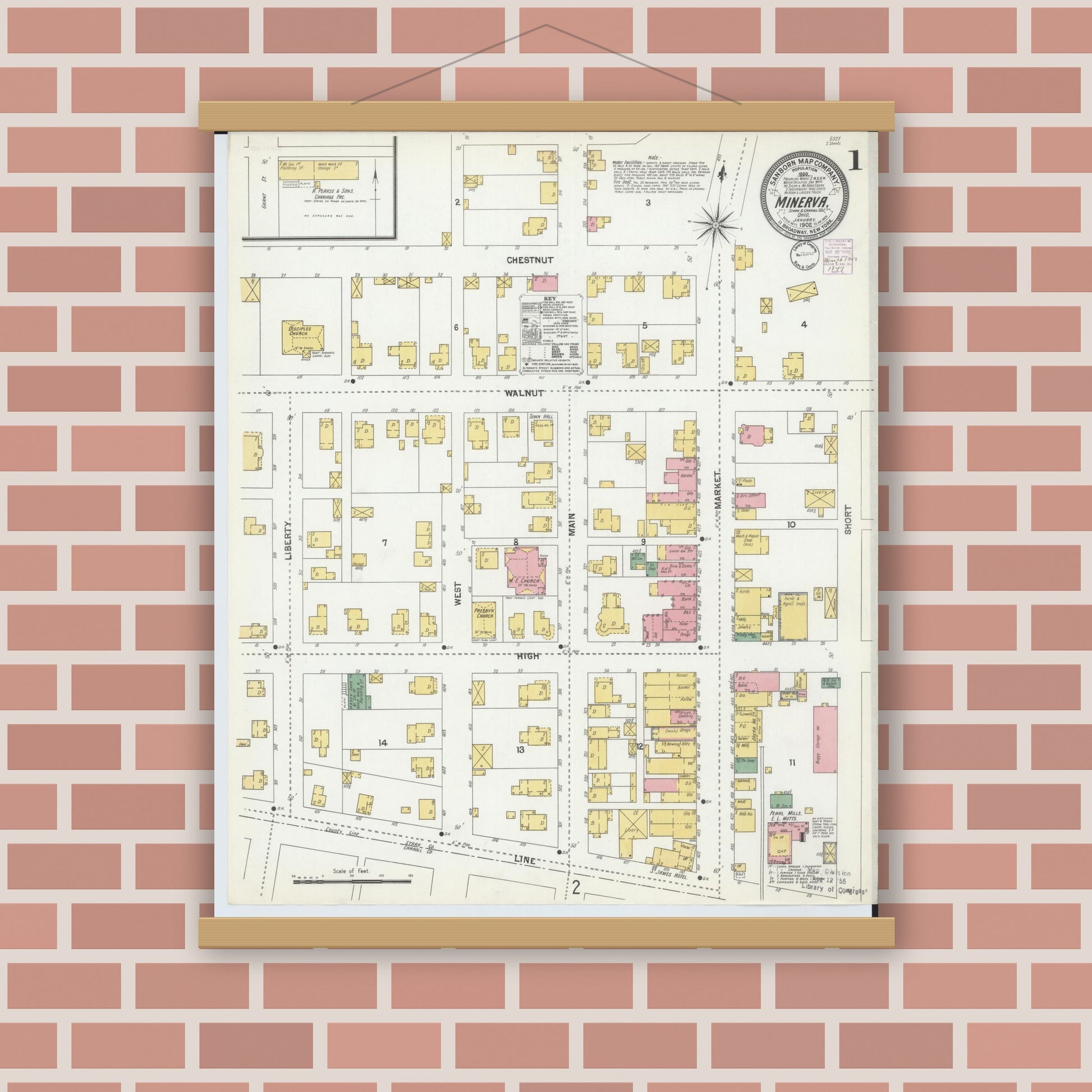 Old map wall art mockup — magnetic wood frame on brick wall — Sanborn Fire Insurance Map from Minerva, Stark And Carroll Counties, Ohio (1902), Sheet #0001