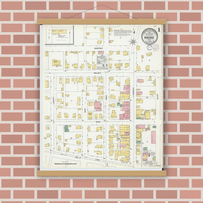 Old map wall art mockup — magnetic wood frame on brick wall — Sanborn Fire Insurance Map from Minerva, Stark And Carroll Counties, Ohio (1902), Sheet #0001
