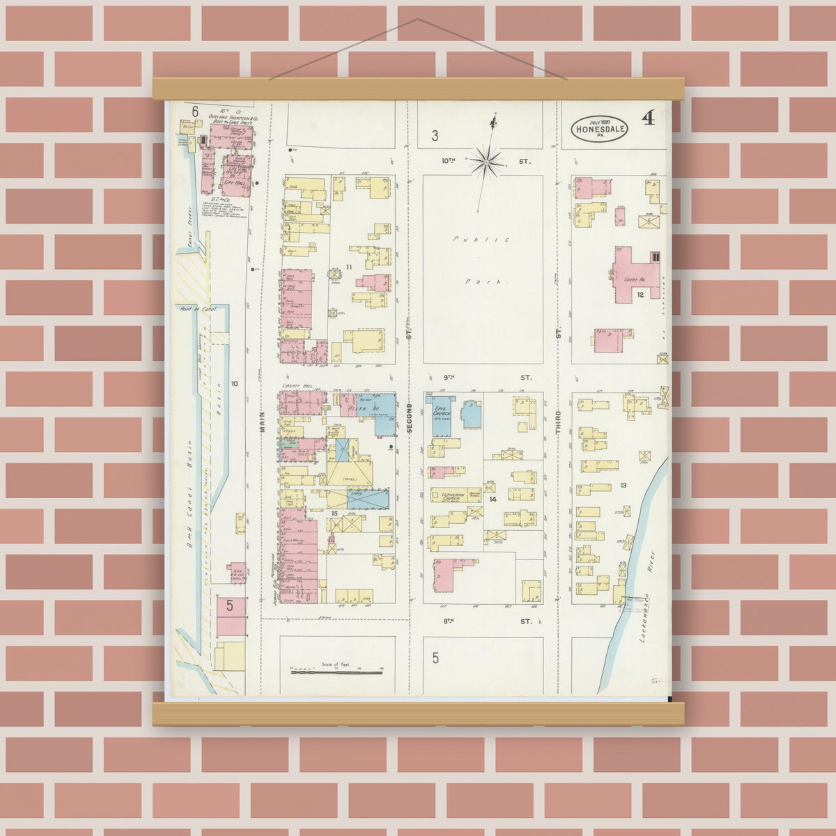 Old map wall art mockup — magnetic wood frame on brick wall — Sanborn Fire Insurance Map from Honesdale, Wayne County, Pennsylvania (1897), Sheet #0004