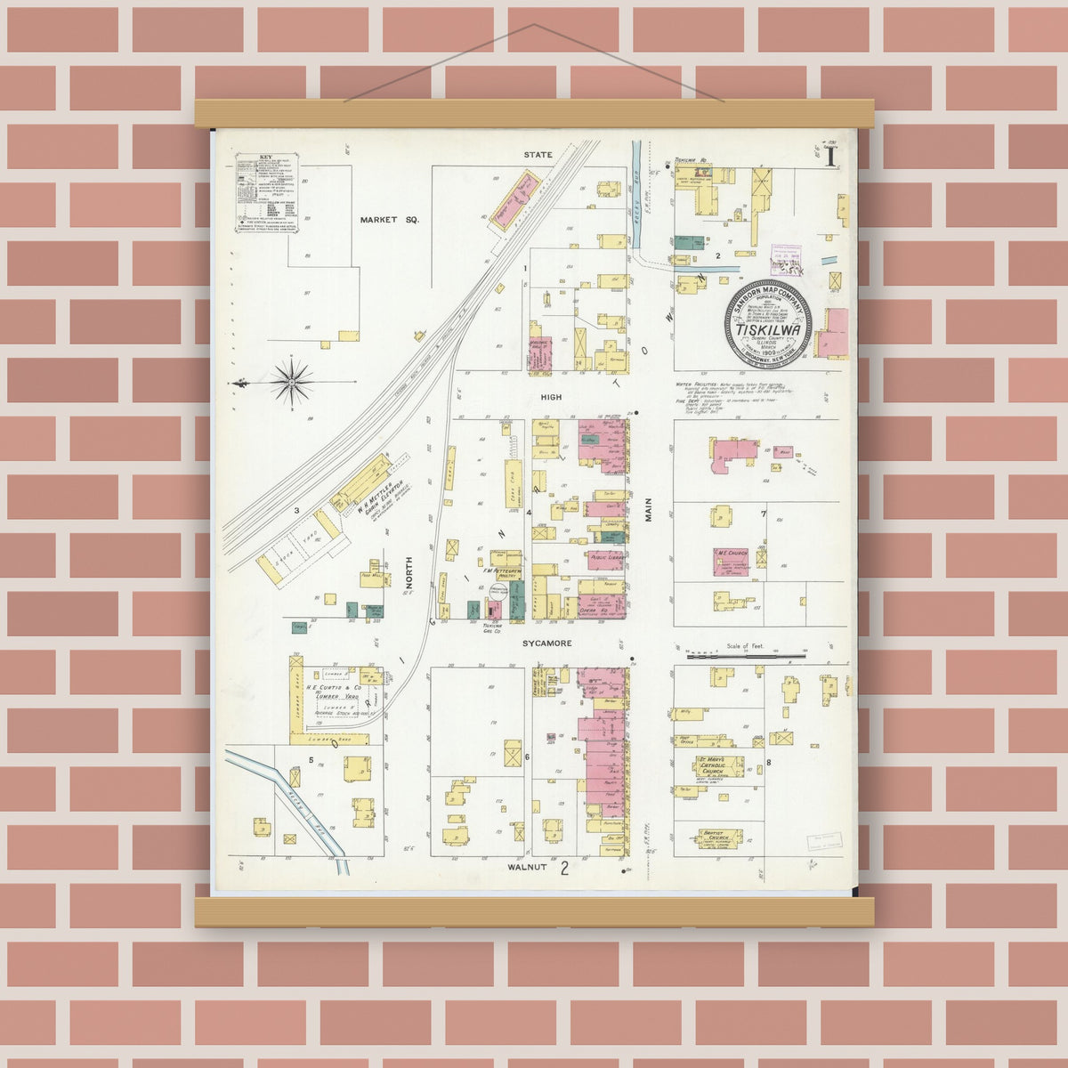Old map wall art mockup — magnetic wood frame on brick wall — Sanborn Fire Insurance Map from Tiskilwa, Bureau County, Illinois (1909) - Complete Map Set