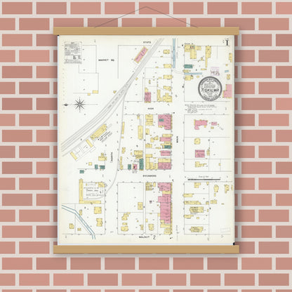 Old map wall art mockup — magnetic wood frame on brick wall — Sanborn Fire Insurance Map from Tiskilwa, Bureau County, Illinois (1909) - Complete Map Set