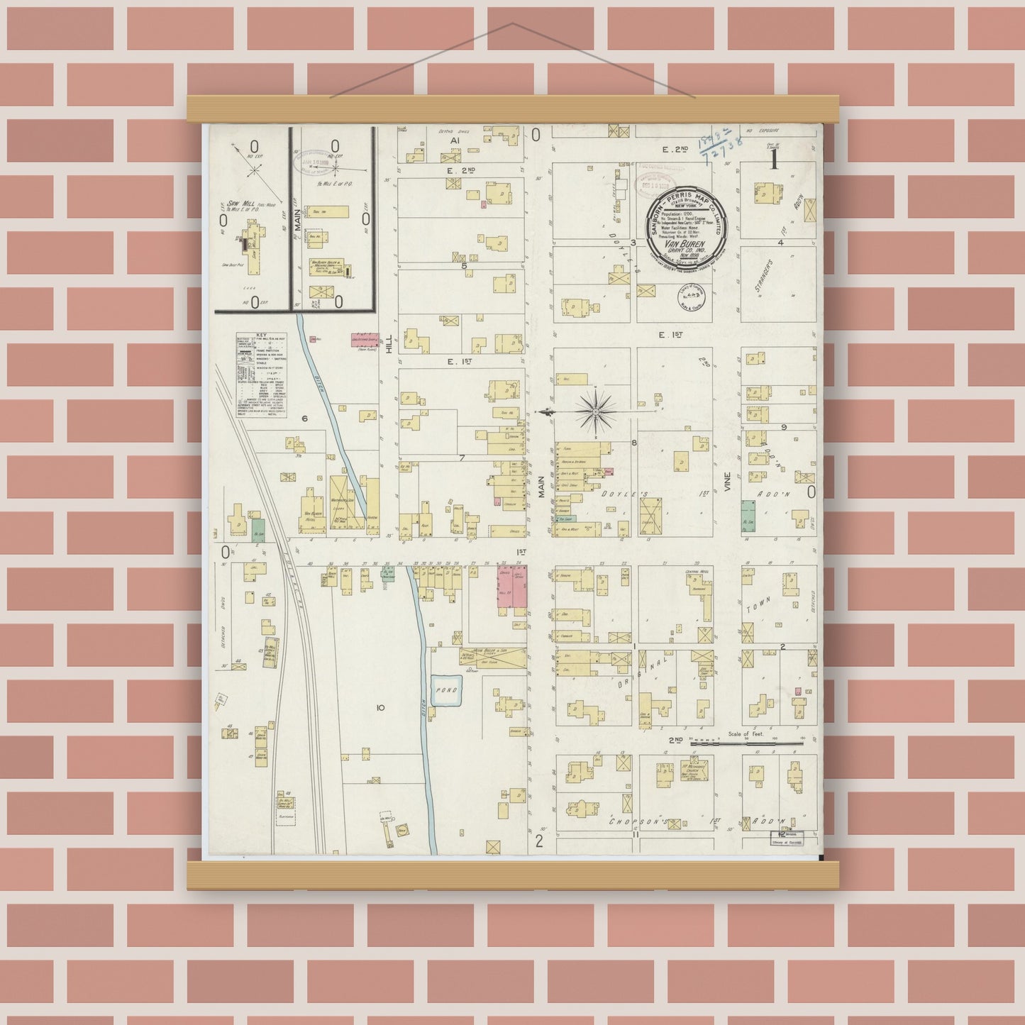 Old map wall art mockup — magnetic wood frame on brick wall — Sanborn Fire Insurance Map from Van Buren, Grant County, Indiana (1898) - Complete Map Set