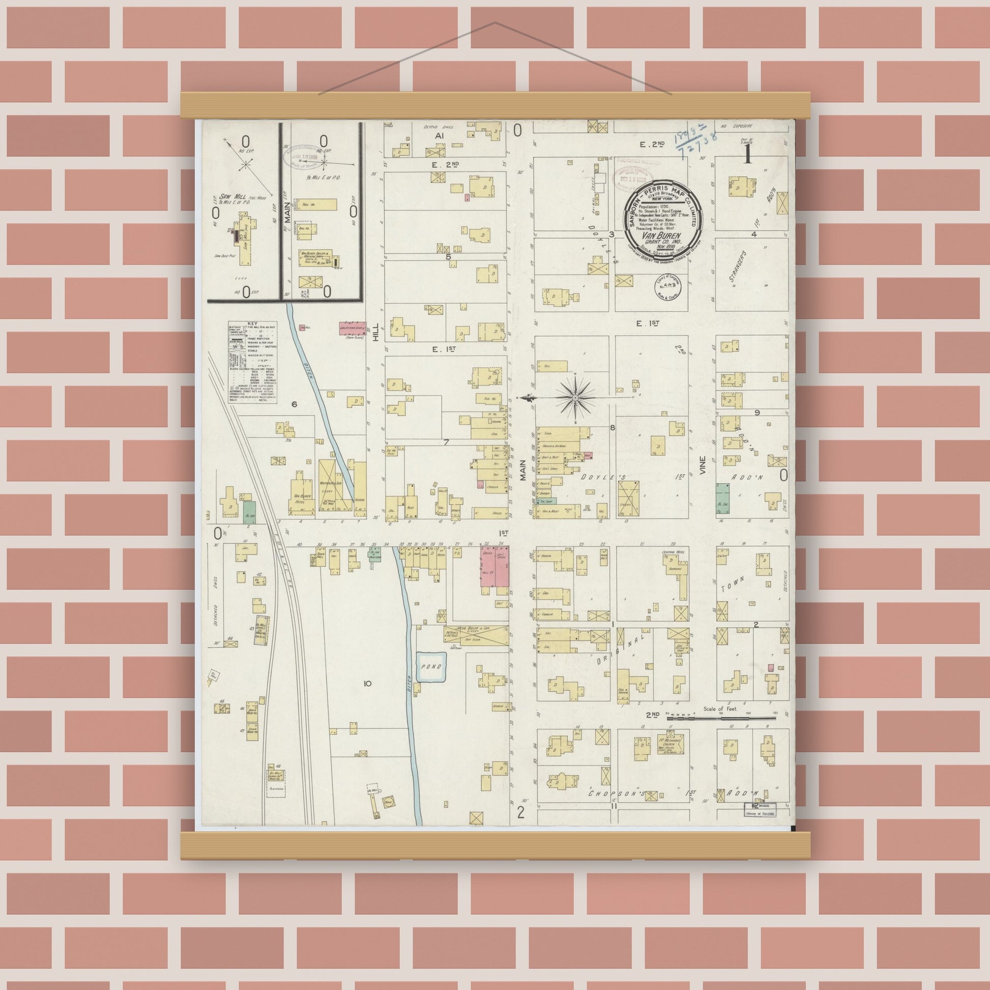 Old map wall art mockup — magnetic wood frame on brick wall — Sanborn Fire Insurance Map from Van Buren, Grant County, Indiana (1898) - Complete Map Set