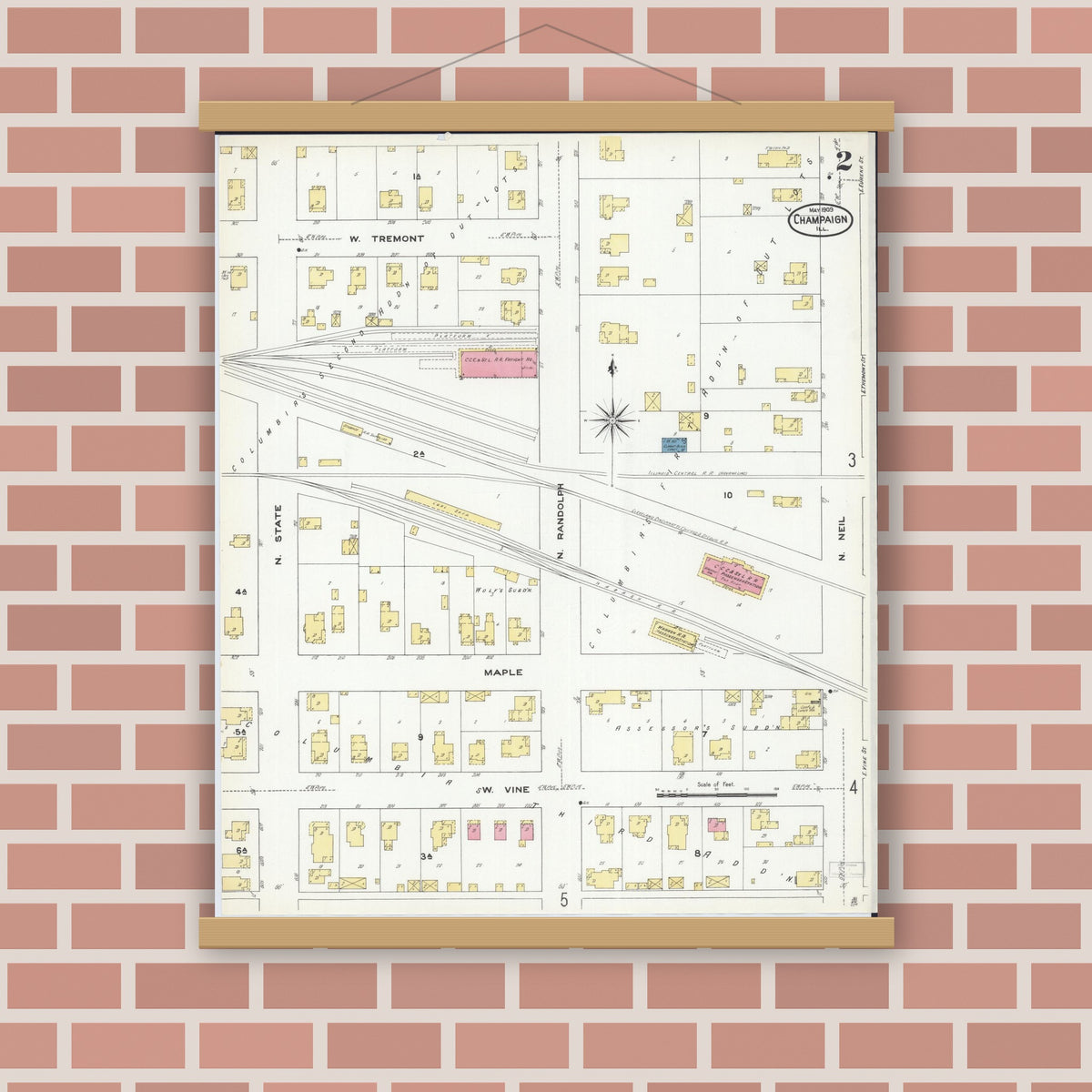 Old map wall art mockup — magnetic wood frame on brick wall — Sanborn Fire Insurance Map from Champaign, Champaign County, Illinois (1909), Sheet #0002