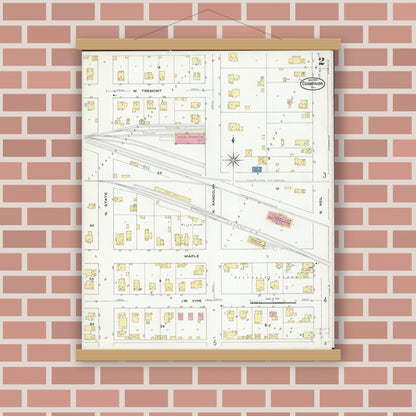 Old map wall art mockup — magnetic wood frame on brick wall — Sanborn Fire Insurance Map from Champaign, Champaign County, Illinois (1909), Sheet #0002