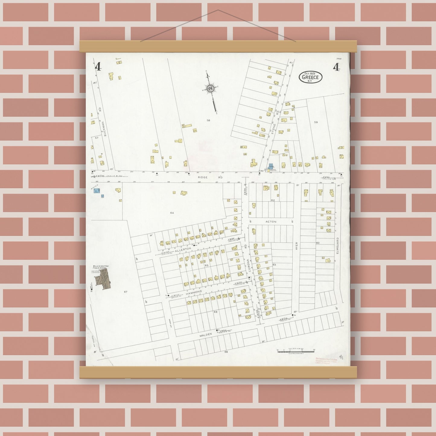 Old map wall art mockup — magnetic wood frame on brick wall — Sanborn Fire Insurance Map from Greece, Monroe County, New York (1929), Sheet #0004