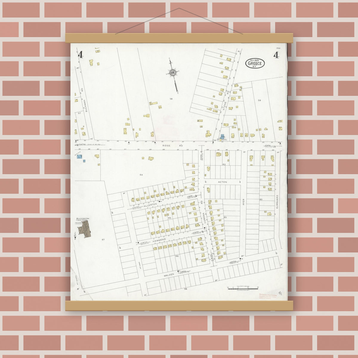 Old map wall art mockup — magnetic wood frame on brick wall — Sanborn Fire Insurance Map from Greece, Monroe County, New York (1929), Sheet #0004