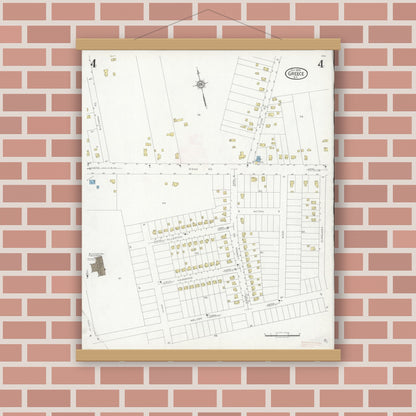 Old map wall art mockup — magnetic wood frame on brick wall — Sanborn Fire Insurance Map from Greece, Monroe County, New York (1929), Sheet #0004