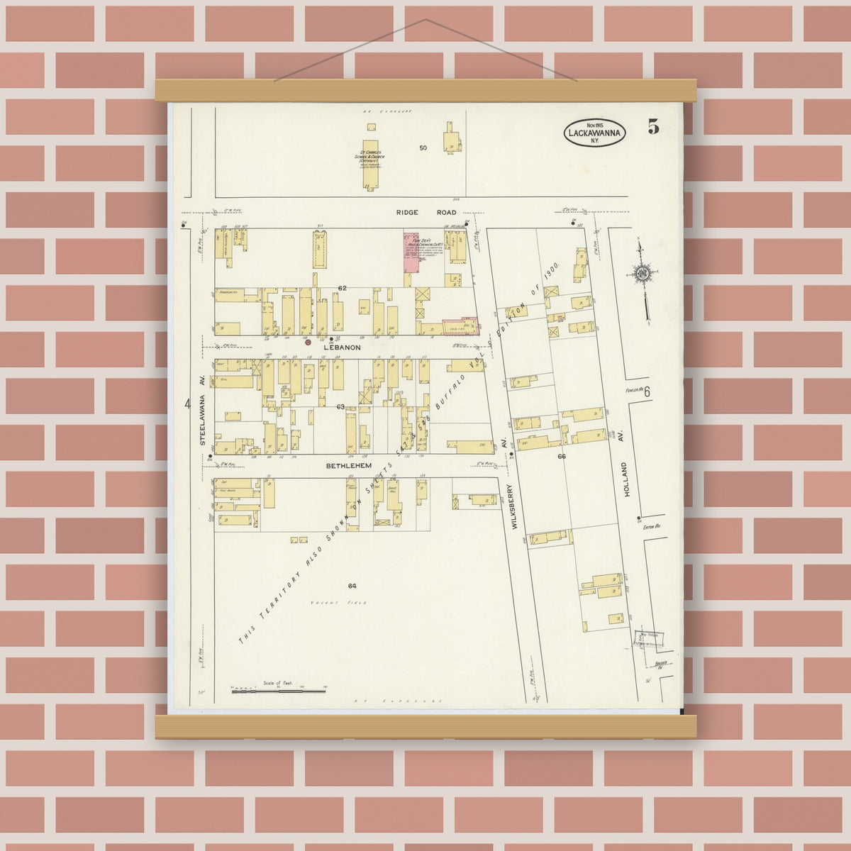 Old map wall art mockup — magnetic wood frame on brick wall — Sanborn Fire Insurance Map from Lackawanna, Erie County, New York (1915), Sheet #0005