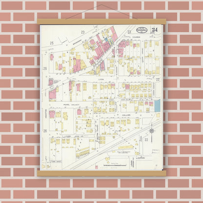 Old map wall art mockup — magnetic wood frame on brick wall — Sanborn Fire Insurance Map from Hannibal, Marion County, Missouri (1913), Sheet #0024
