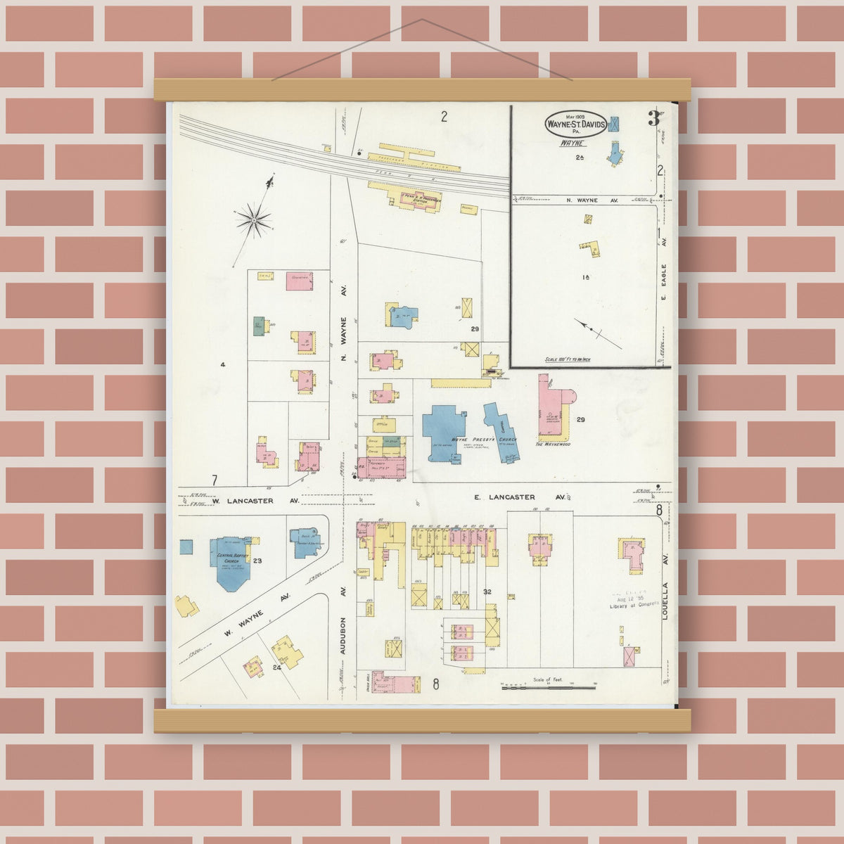 Old map wall art mockup — magnetic wood frame on brick wall — Sanborn Fire Insurance Map from Wayne, Delaware County, Pennsylvania (1909), Sheet #0003