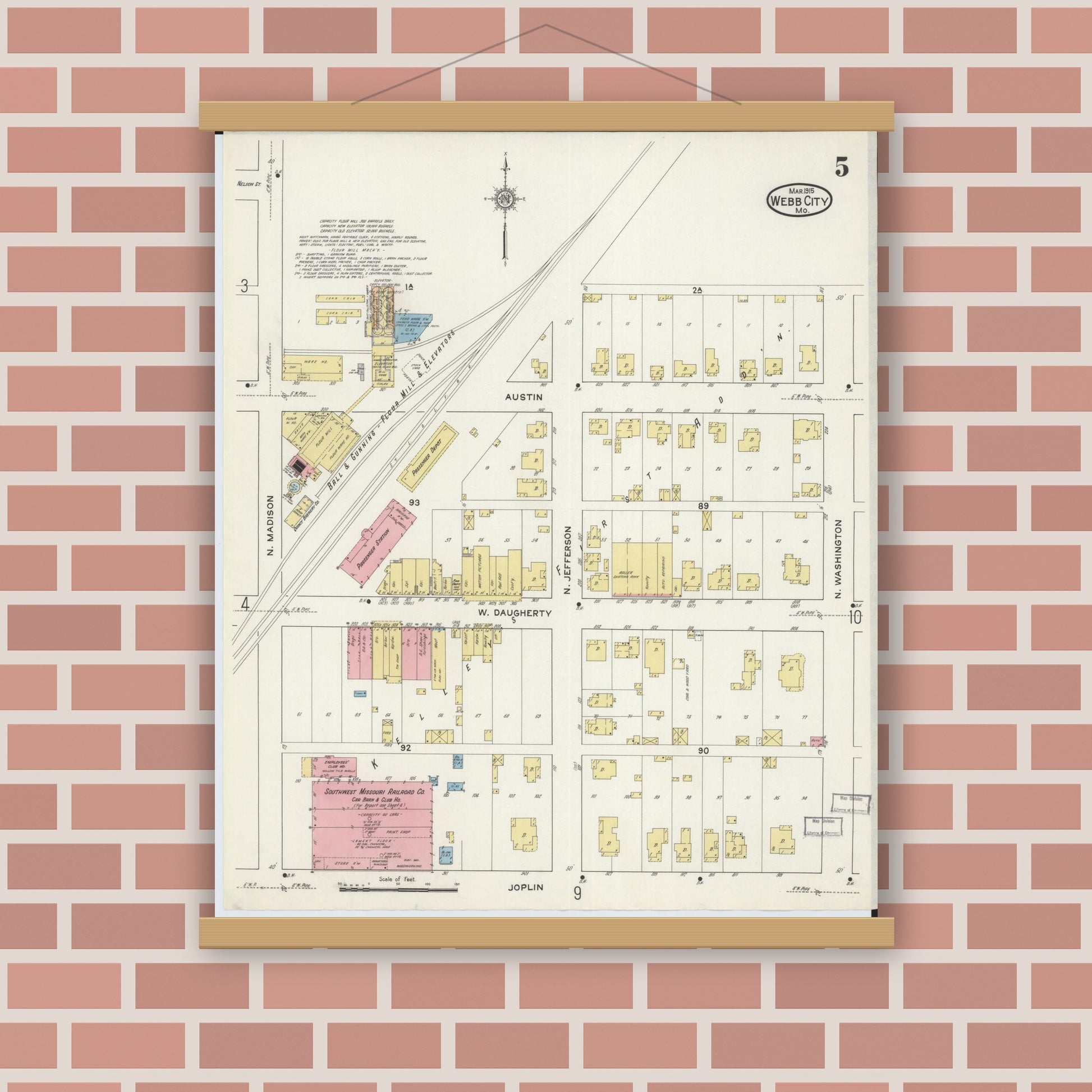 Old map wall art mockup — magnetic wood frame on brick wall — Sanborn Fire Insurance Map from Webb City, Jasper County, Missouri (1915), Sheet #0005