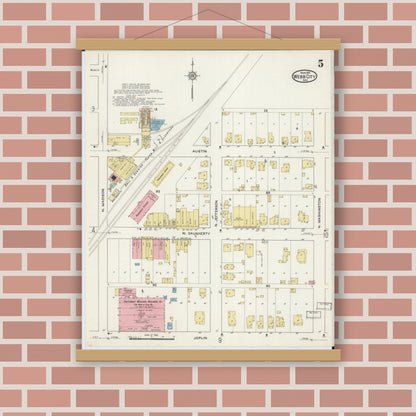 Old map wall art mockup — magnetic wood frame on brick wall — Sanborn Fire Insurance Map from Webb City, Jasper County, Missouri (1915), Sheet #0005