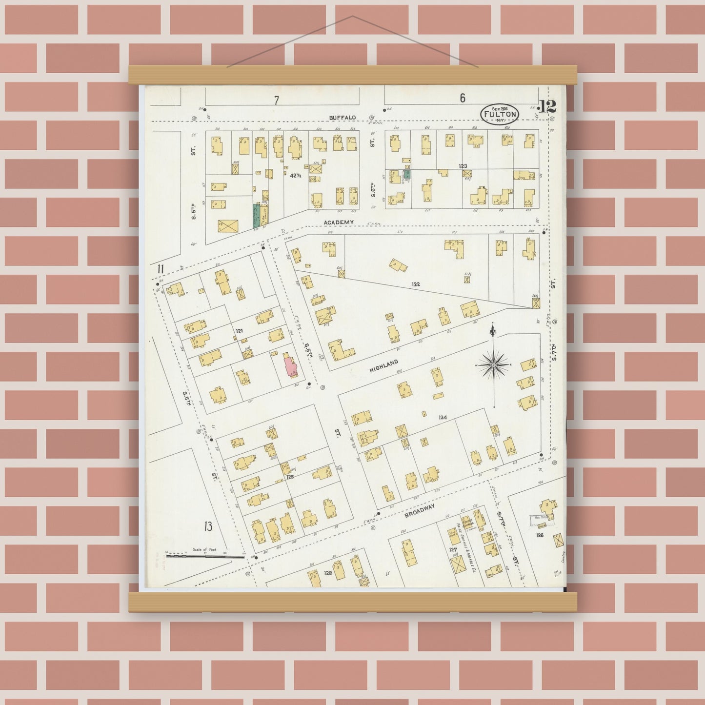 Old map wall art mockup — magnetic wood frame on brick wall — Sanborn Fire Insurance Map from Fulton, Oswego County, New York (1906), Sheet #0012
