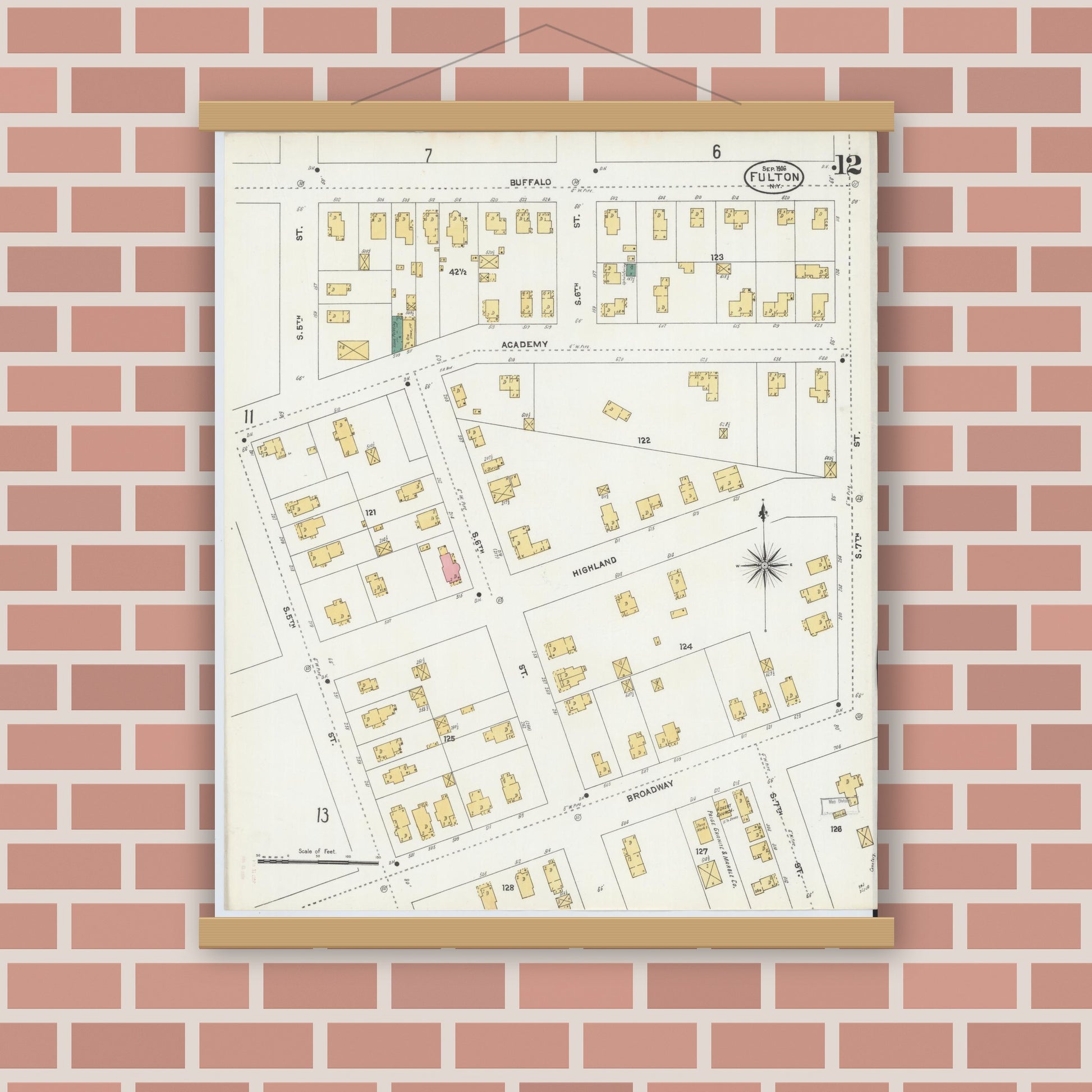 Old map wall art mockup — magnetic wood frame on brick wall — Sanborn Fire Insurance Map from Fulton, Oswego County, New York (1906), Sheet #0012