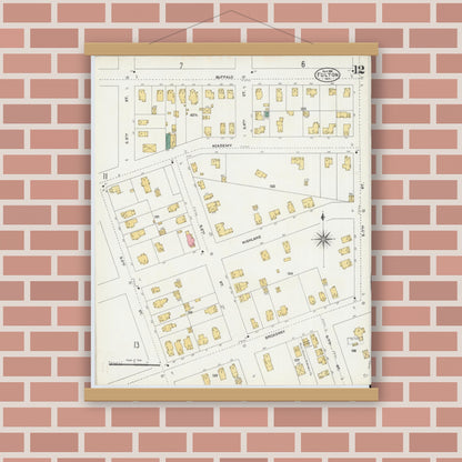 Old map wall art mockup — magnetic wood frame on brick wall — Sanborn Fire Insurance Map from Fulton, Oswego County, New York (1906), Sheet #0012