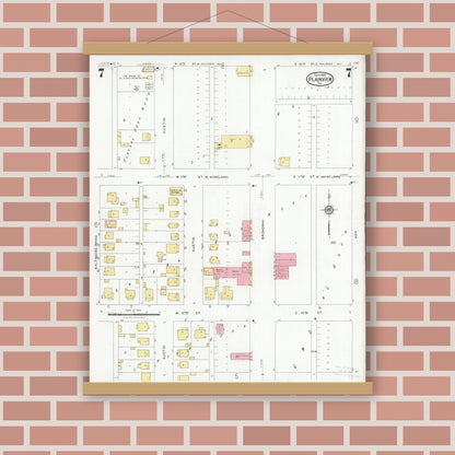 Old map wall art mockup — magnetic wood frame on brick wall — Sanborn Fire Insurance Map from Plainview, Hale County, Texas (1927), Sheet #0007