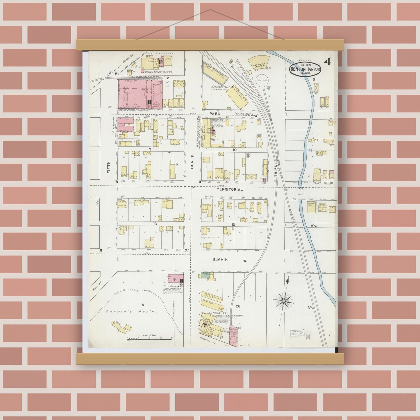 Old map wall art mockup — magnetic wood frame on brick wall — Sanborn Fire Insurance Map from Benton Harbor, Berrien County, Michigan (1895), Sheet #0004