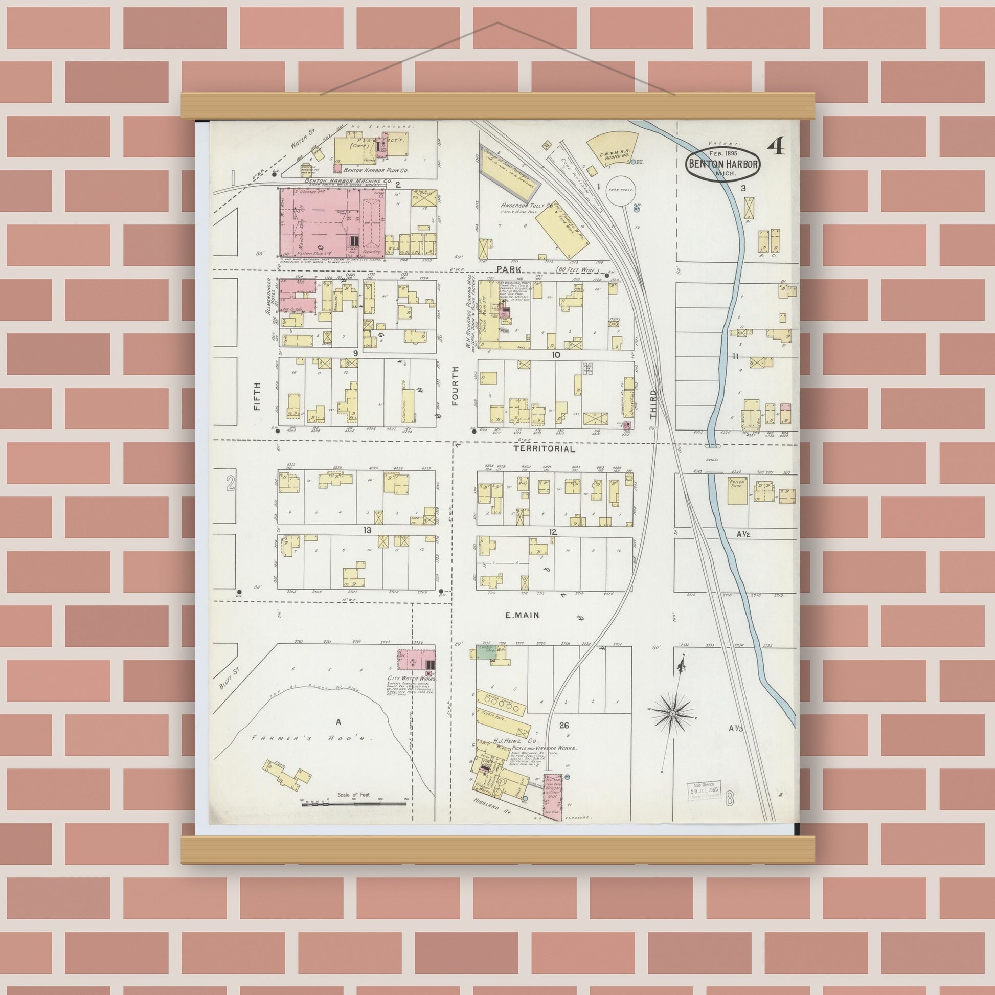 Old map wall art mockup — magnetic wood frame on brick wall — Sanborn Fire Insurance Map from Benton Harbor, Berrien County, Michigan (1895), Sheet #0004